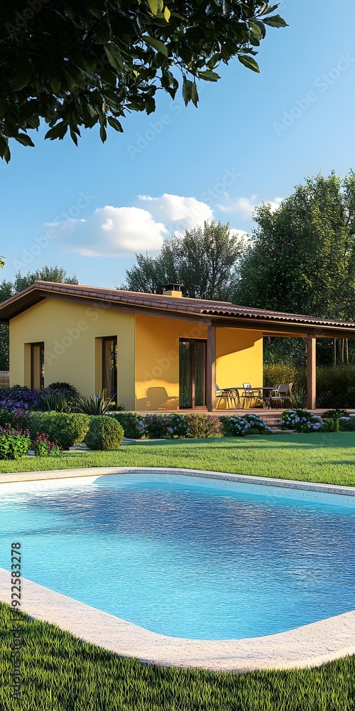 Fototapeta premium Modern Yellow House with Swimming Pool