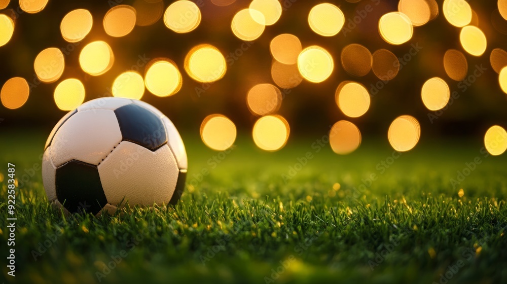 Naklejka premium Field of Dreams - A Close-up Photo of a Soccer Ball on Lush Green Grass with Bokeh Lights.
