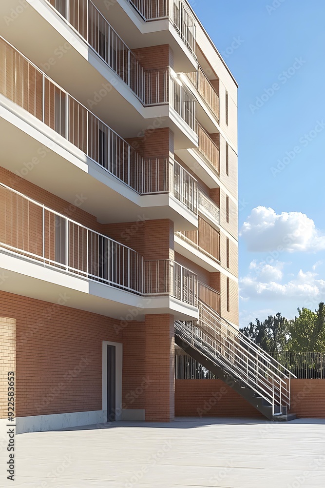 Fototapeta premium Modern Building Exterior With Balconies And Stairs