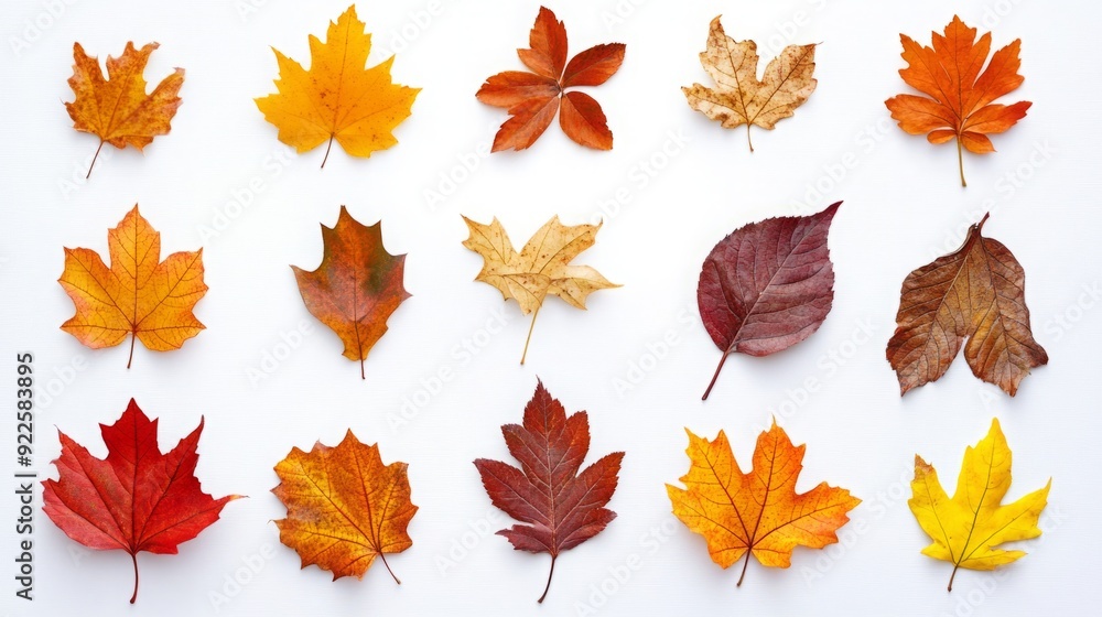 Fototapeta premium Autumn's Tapestry - A Colorful Display of Fallen Leaves on a White Canvas from a Top View.