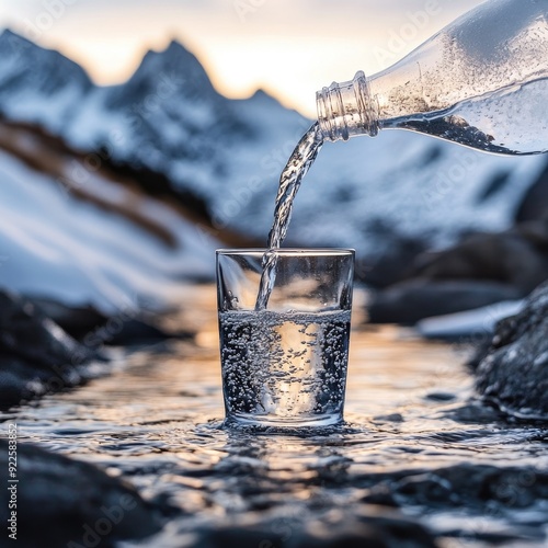 A refreshing image of water being poured from a bottle into a glass, with snowy mountains softly focused in the background