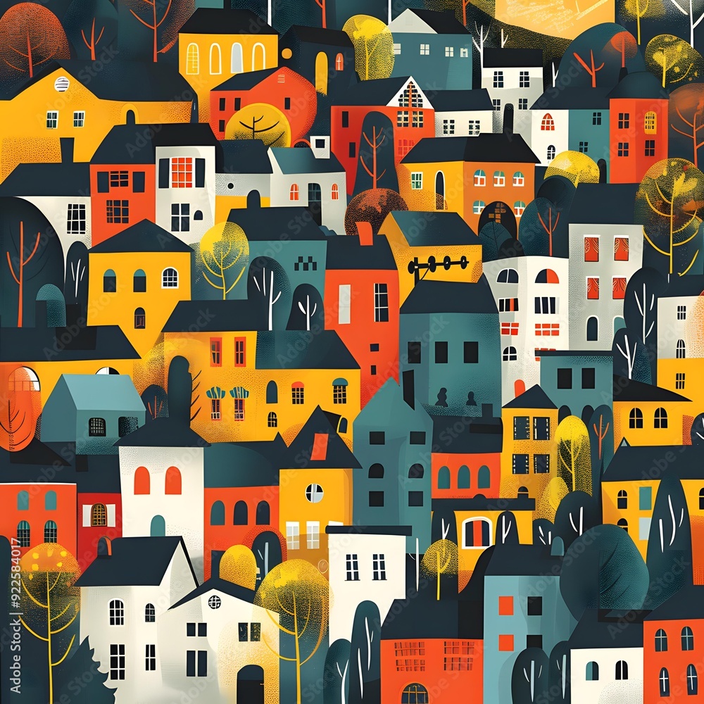 Colorful Illustration of Houses and Trees in a Cityscape Colorful Illustration of Houses and Trees in a Cityscape