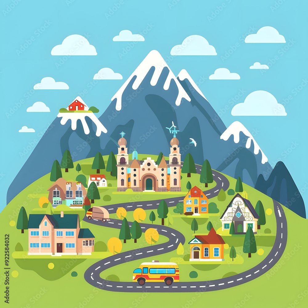 Fototapeta premium Mountain Village with Church and Winding Road