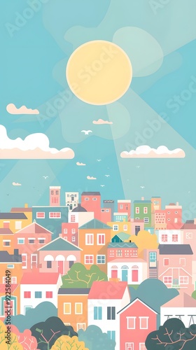 Colorful Illustration of Cityscape with Sun and Clouds