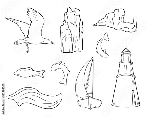 Nautical set vector graphic illustrations. Sailing ship and lighthouse ink silhouette hand drawn. Elements for design seascape wave rocks bird and fish black and white line. Marine clipart contour.