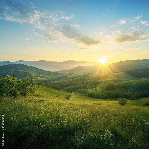 A serene panoramic view of a green mountain landscape at dawn, with the sun rising over the horizon