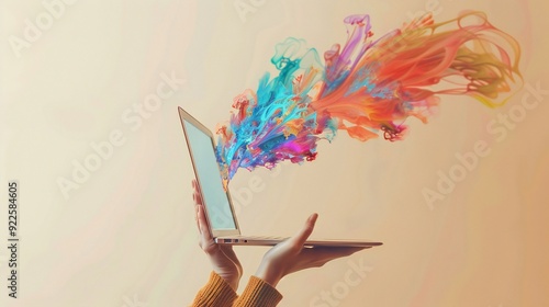 Collage art of a laptop held by a female hand, with imaginative and dynamic ideas flowing out, set against a beige backdrop.