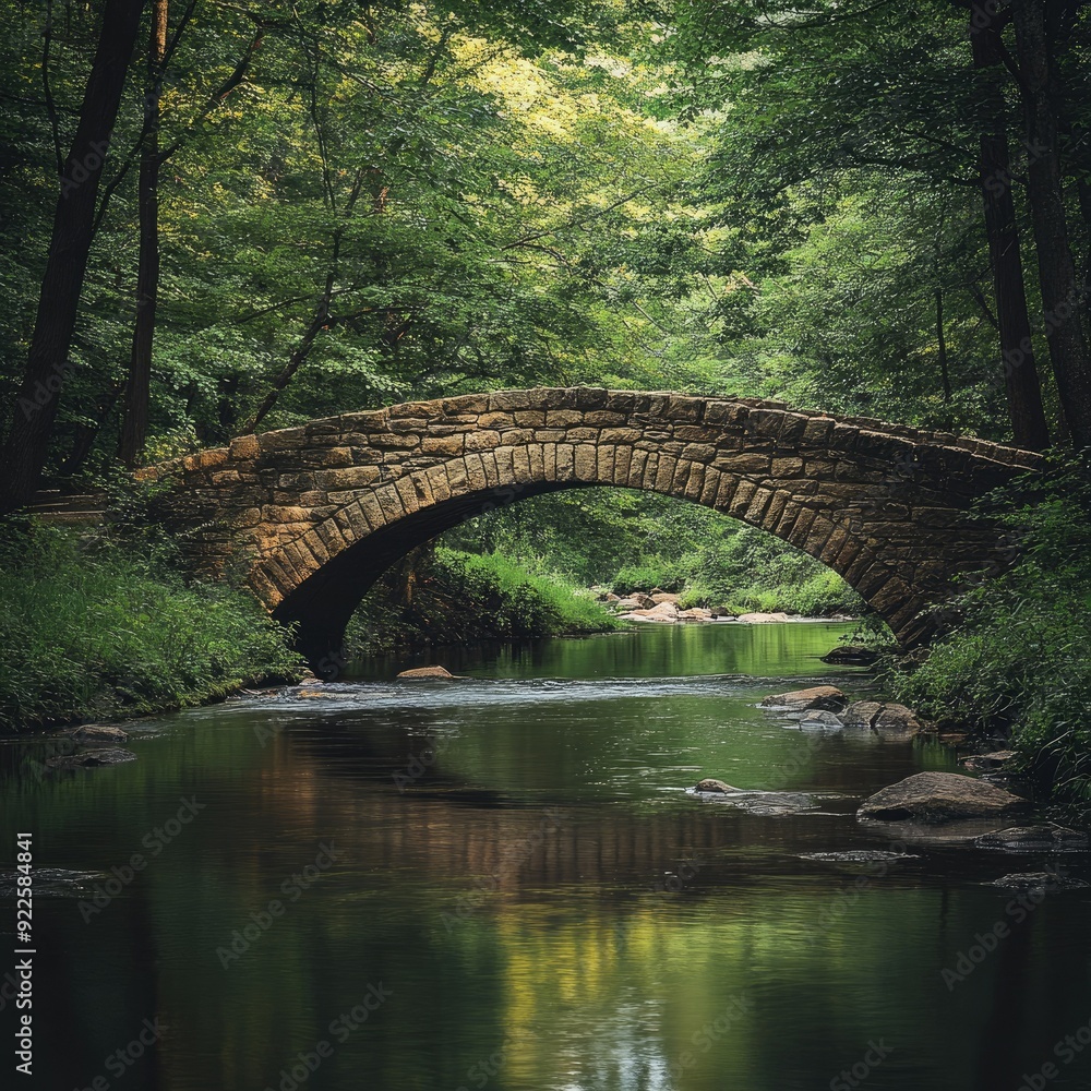 Fototapeta premium A stone bridge crossing a river in a dense forest, surrounded by greenery and natural beauty