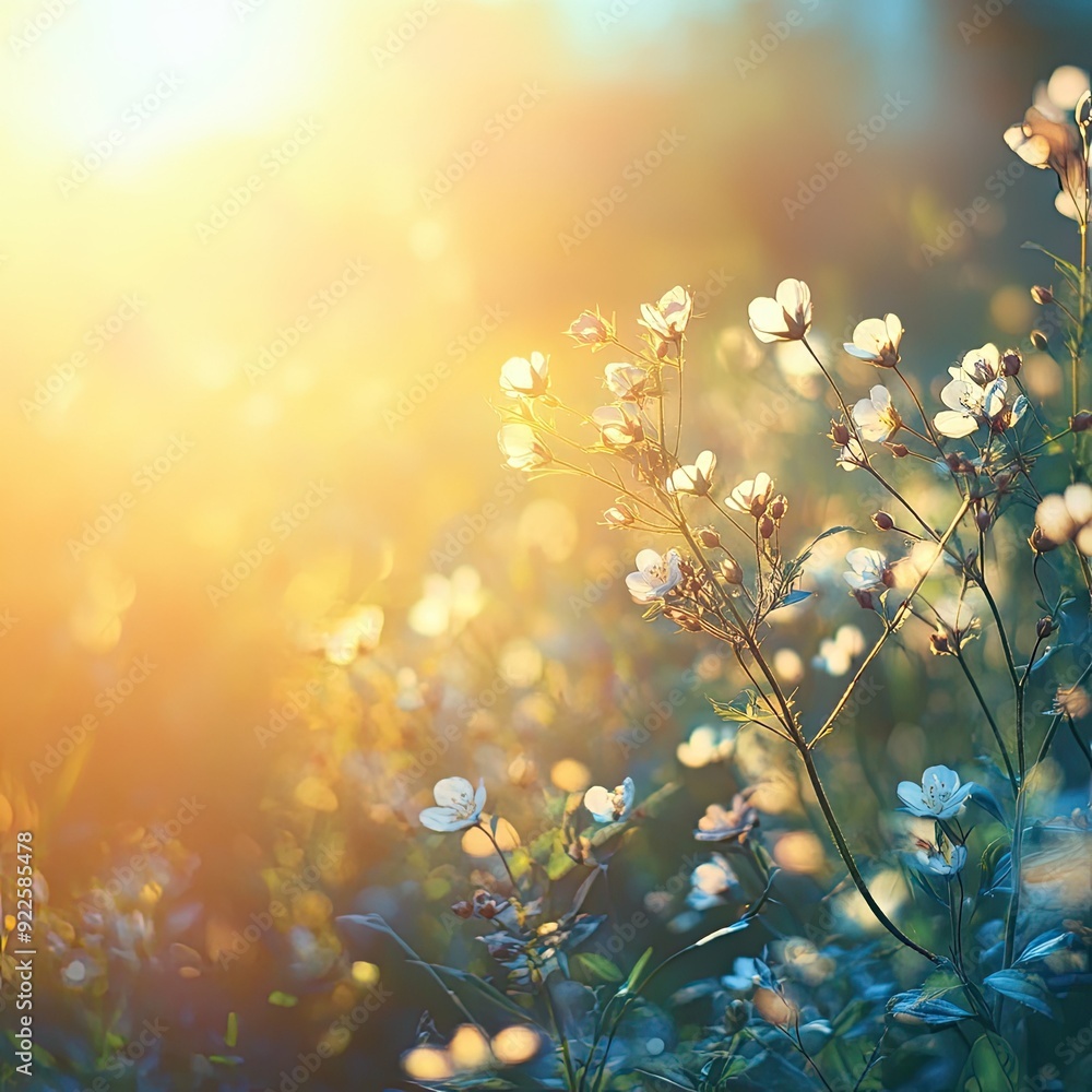 Fototapeta premium A tranquil spring background featuring blooming flowers bathed in soft sunlight, symbolizing growth and new beginnings