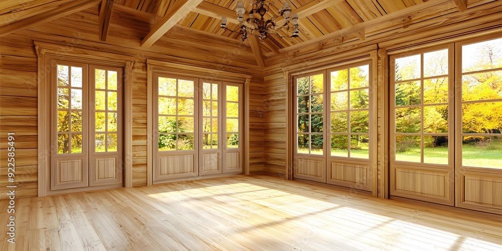 Wooden Cabin Interior with Large Windows and Chandelier Wooden Cabin Interior with Large Windows and Chandelier