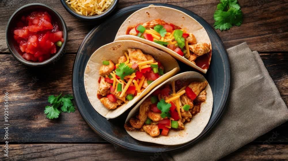 Zooming over Delicious Chicken Tacos with Cheese and Salsa on a Wooden Table Zooming over Delicious Chicken Tacos with Cheese and Salsa on a Wooden Table