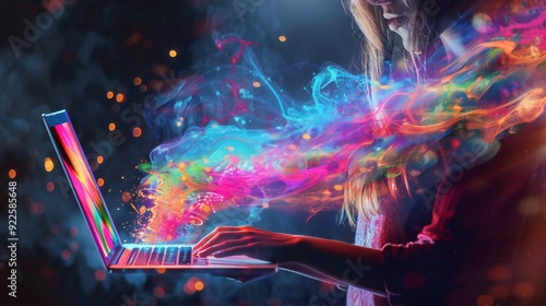 Collage art of a laptop in a female hand, with colorful and abstract concepts flowing out, ideal for a modern design ad.