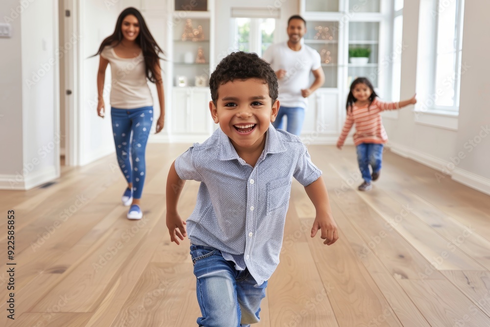 Excited Family Exploring New Home - Parents and Children Running Through Spacious Modern House Excited Family Exploring New Home - Parents and Children Running Through Spacious Modern House