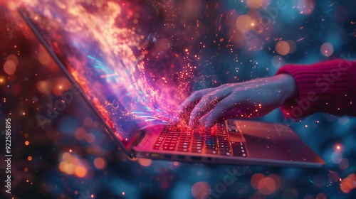 Female hand holding a laptop, with a burst of creative and innovative elements pouring out, perfect for a modern design ad.