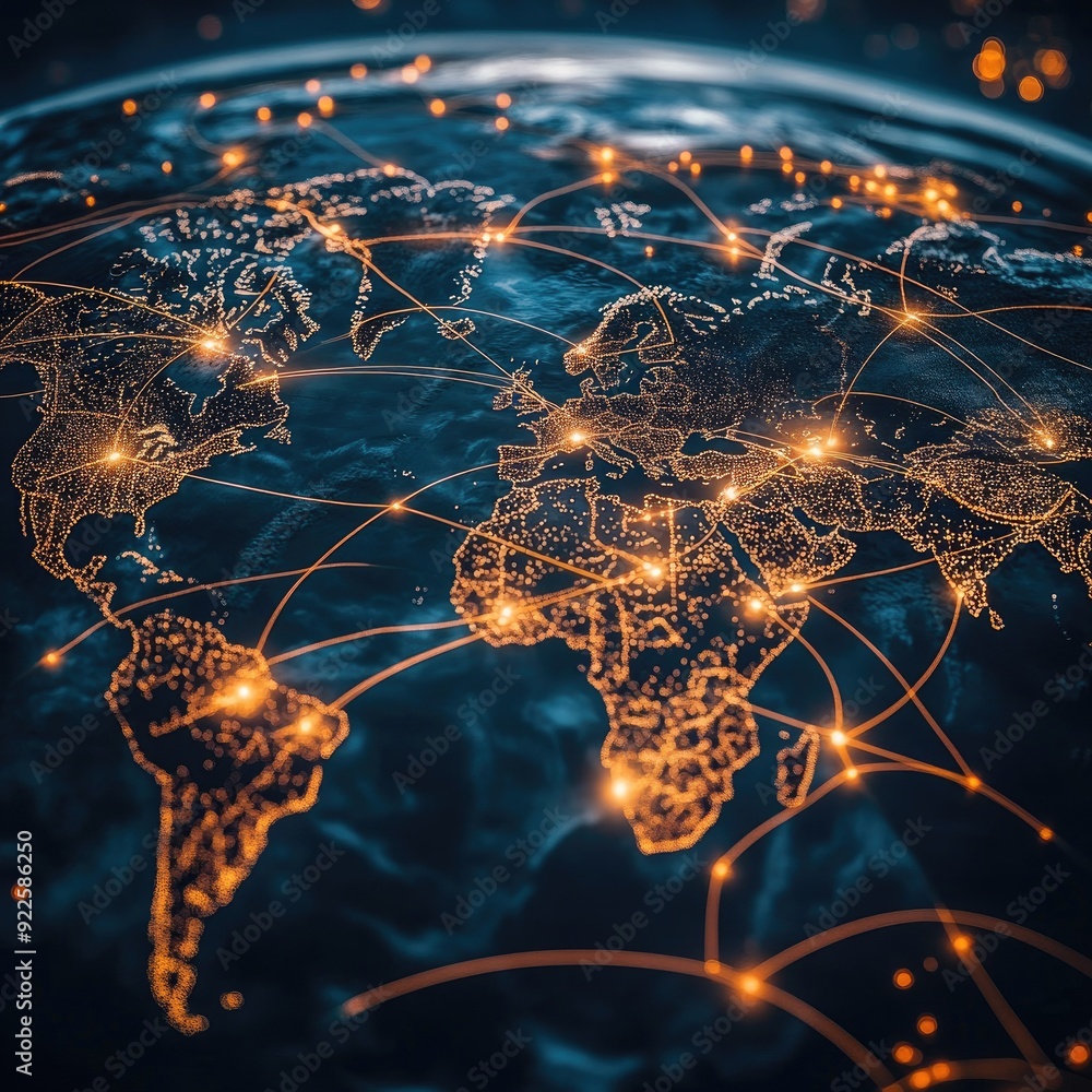 A world map with illuminated pathways symbolizing the interconnectedness of global trade and digital networks A world map with illuminated pathways symbolizing the interconnectedness of global trade and digital networks