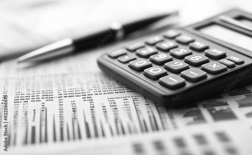 Black and white image of a calculator and financial papers with a pen. Black and white image of a calculator and financial papers with a pen.