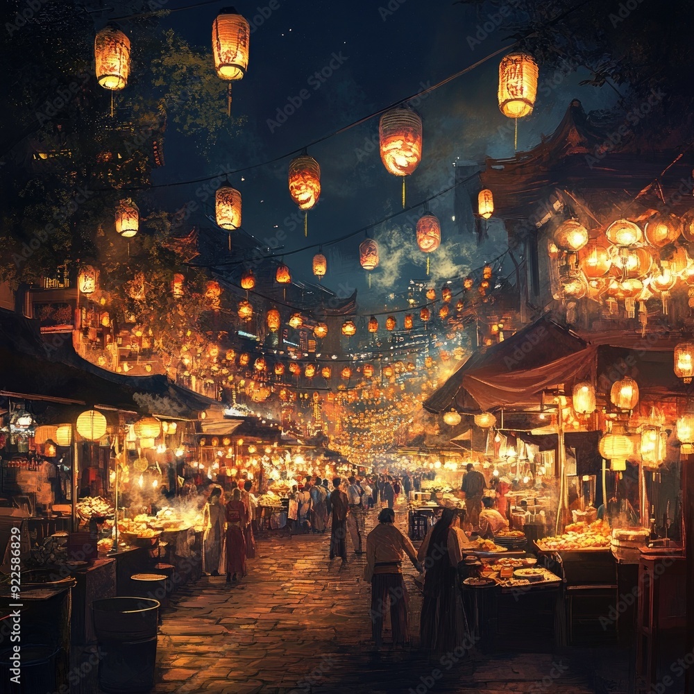 An illuminated night market scene, with glowing lanterns and lively crowds exploring food and merchandise stalls An illuminated night market scene, with glowing lanterns and lively crowds exploring food and merchandise stalls