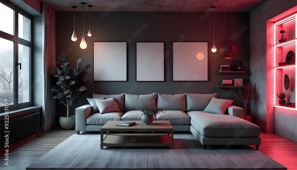 A modern decorated living room with a big couch and paintings on the wall.. A modern decorated living room with a big couch and paintings on the wall..