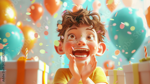 A kid clapping with excitement at a birthday party. Animated character, C4D model rendering, 3D rendering - Generative AI