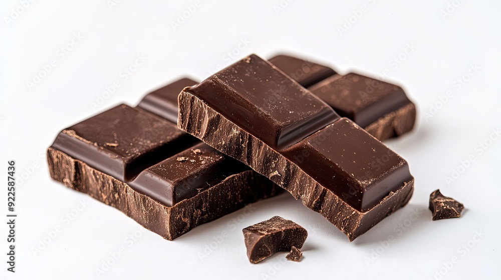 Three chocolate bars on a clean white background, their rich brown color standing out in contrast. Three chocolate bars on a clean white background, their rich brown color standing out in contrast.