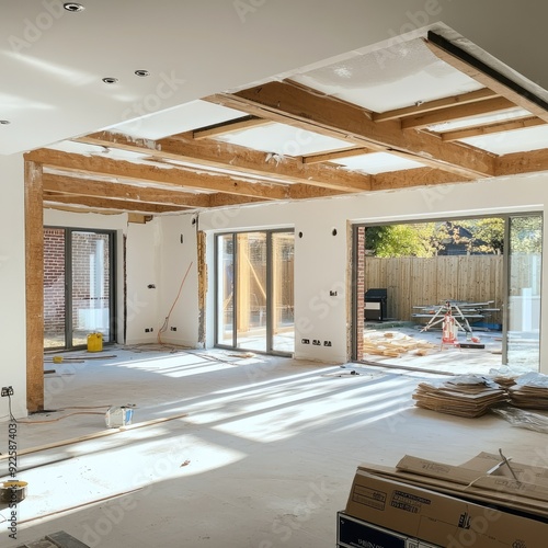 The interior of a modern home extension under renovation, with exposed beams and natural light flooding in
