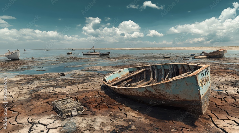 Desolate ocean bed, dry and cracked, with abandoned boats and marine debris. Desolate ocean bed, dry and cracked, with abandoned boats and marine debris.