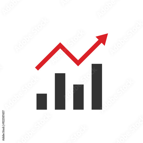 Statistics simple graphic illustration with red arrow as a growth sign on a top. Vector icons in flat style