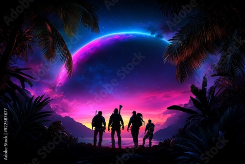 Silhouetted explorers stand on a vibrant alien planet landscape with a glowing sky and stunning extraterrestrial scenery.