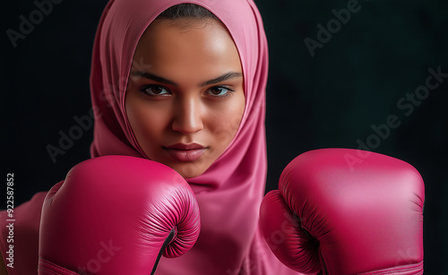 Determined woman in a hijab with pink boxing gloves, ready to fight.