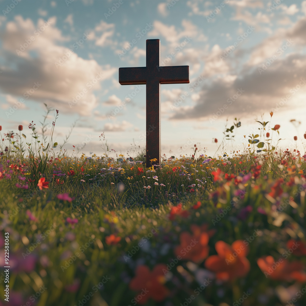 Cross standing in a peaceful meadow with flowers around Cross standing in a peaceful meadow with flowers around