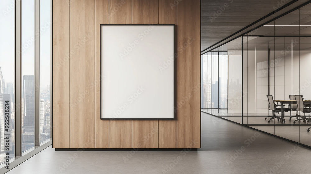 Minimalist modern office with a blank poster frame on a wooden wall. Minimalist modern office with a blank poster frame on a wooden wall.
