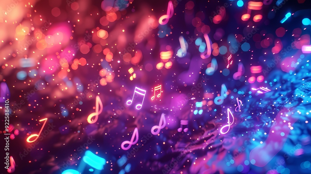 3D abstract background featuring floating musical notes and sound waves with dynamic lighting effects 3D abstract background featuring floating musical notes and sound waves with dynamic lighting effects
