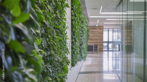 Lush green plant wall in a modern indoor corridor. photo