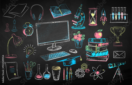 Vector color chalk drawn illustration set of online education and science items on chalkboard background.