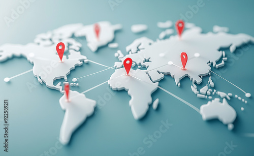 World map with red location pins connected by lines, representing global connections. photo