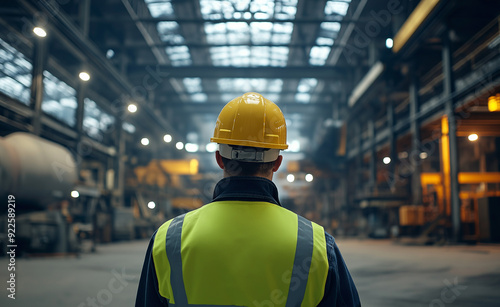 Worker with a yellow hard hat standing in a large industrial factory. photo