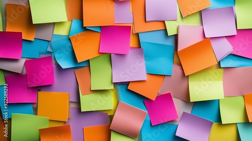 A collection of vibrant sticky notes in various colors and shapes, highlighting brainstorming ideas and creative planning in a dynamic environment.