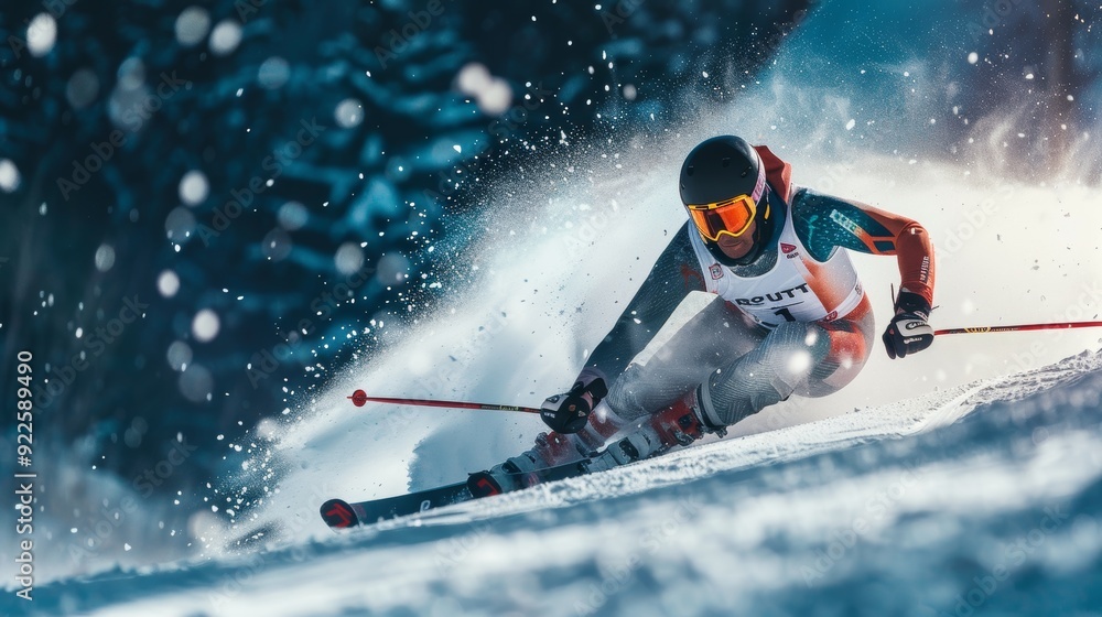 Fototapeta premium Professional Ski Racer Navigating a Slalom Course with Precision and Speed on a Snowy Mountain Slope