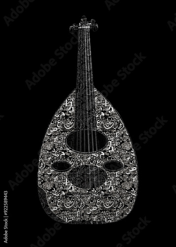 Traditional Instrument from Middle East and Asia called Oud or Ud. A Musician Playing Note on Oud with arabic letters alphabet translation