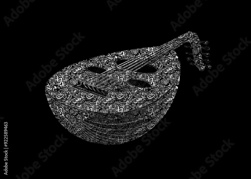 Traditional Instrument from Middle East and Asia called Oud or Ud. A Musician Playing Note on Oud with arabic letters alphabet translation