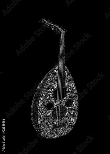 Traditional Instrument from Middle East and Asia called Oud or Ud. A Musician Playing Note on Oud with arabic letters alphabet translation