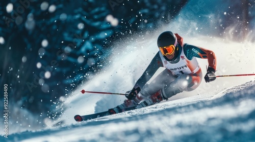 Professional Ski Racer Navigating a Slalom Course with Precision and Speed on a Snowy Mountain Slope photo