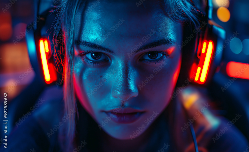 Focused female gamer with headphones illuminated by neon lights. Focused female gamer with headphones illuminated by neon lights.