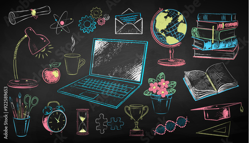 Vector color chalk drawn illustration set of online education and science items on chalkboard background.