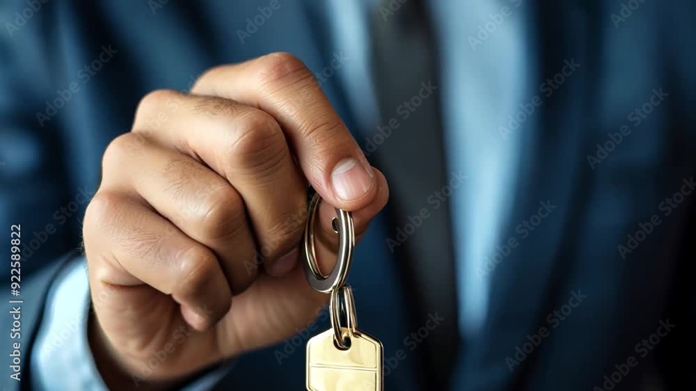 A business professional in a suit presents keys attached to a keyring, showcasing a lock, in a stylish office environment. A business professional in a suit presents keys attached to a keyring, showcasing a lock, in a stylish office environment.