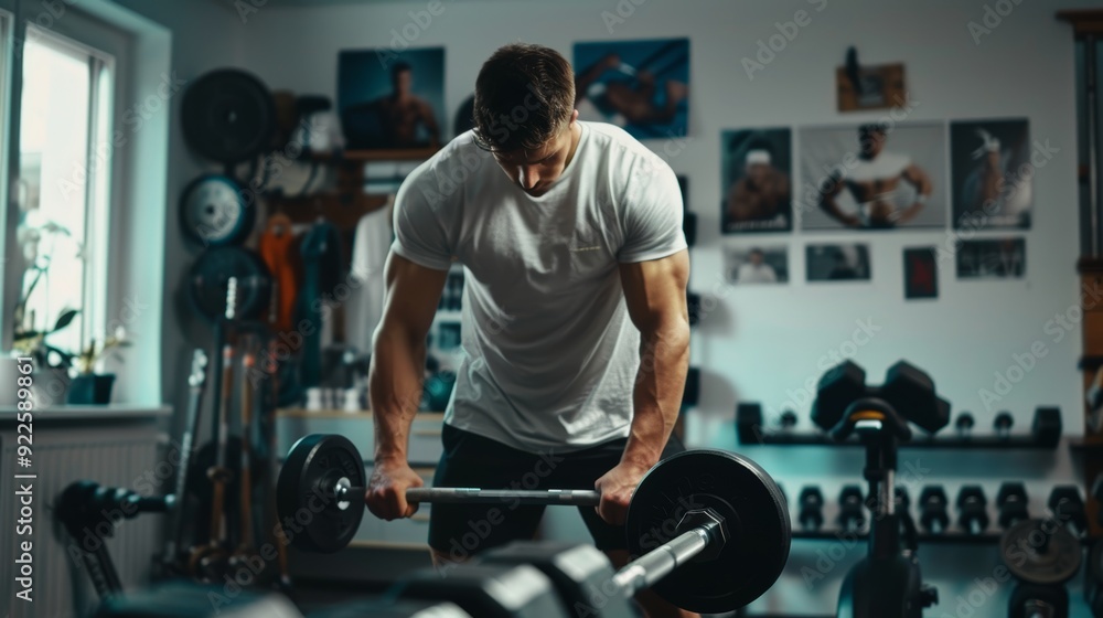 Man Lifting Dumbbells in Home Gym with Fitness Gear and Motivational Posters for Strength Training Man Lifting Dumbbells in Home Gym with Fitness Gear and Motivational Posters for Strength Training