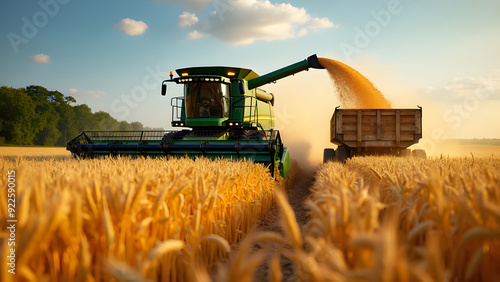 Unloading grains into truck by unloading auger. Combine harvesters cuts and threshes ripe wheat grain. Wheat harvesting on field in summer season. Process of gathering crop by agricultural machinery photo