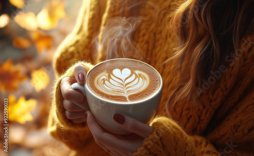 Woman holding a cup of latte with heart-shaped art, wearing a cozy sweater. photo