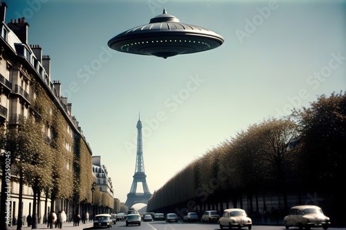 Unidentified flying object flies over Paris. Retro photo.