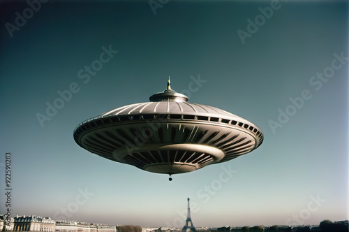 UFO flies over Paris. Retro photo.